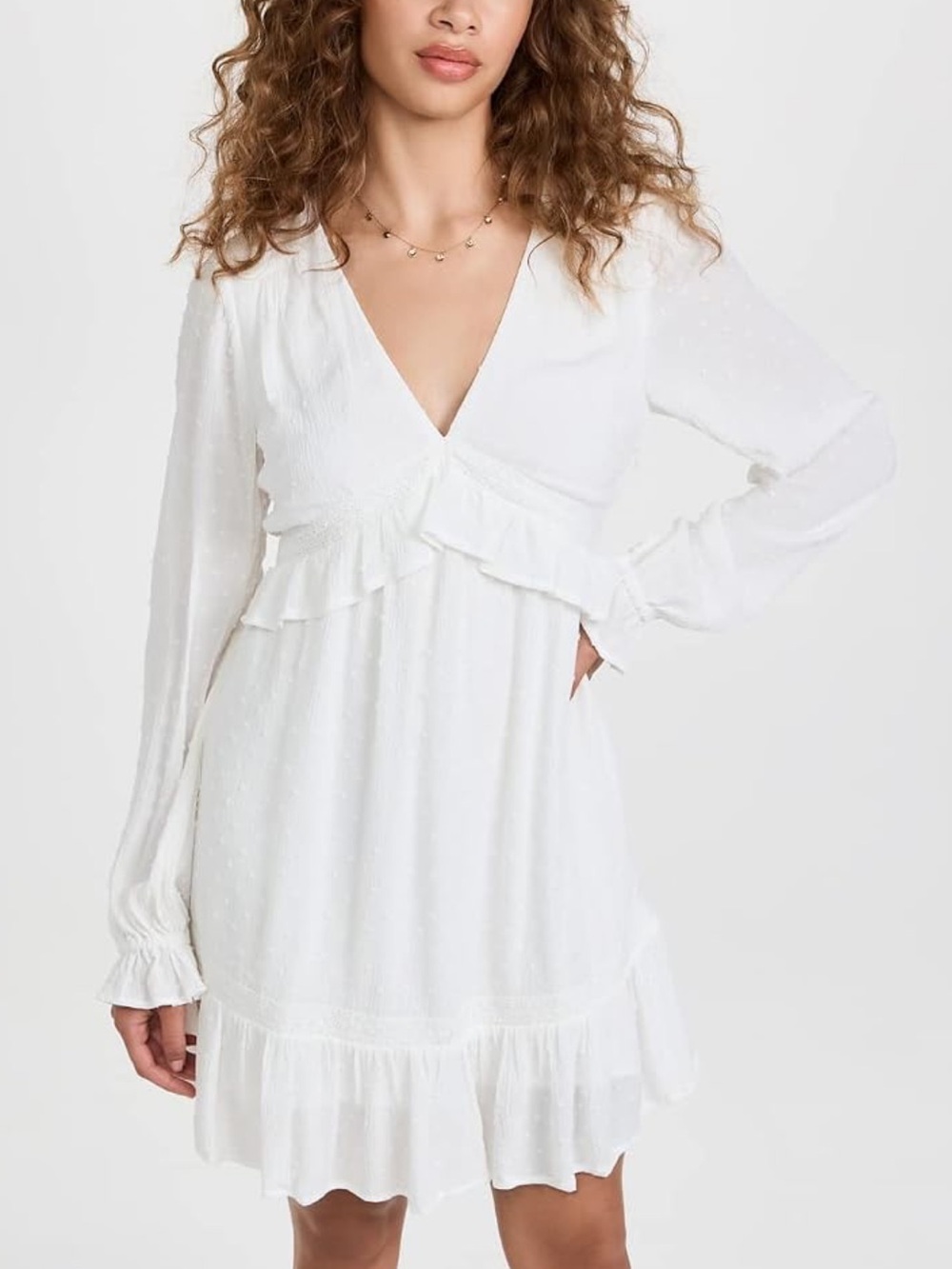PAIGE White V-Neck Ruffle Long-Sleeve Mini Dress